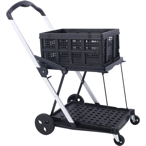 , Collapsible Utility Cart Multi Use Functional Collapsible Shopping Carts 2-Tier Collapsible Shopping Cart with Baskets Carrito para Supermercado con Ruedas, Black ,Aluminium ,