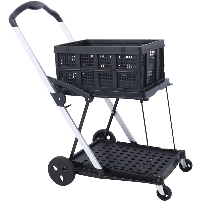 2-Tier Collapsible Utility Cart With Foot Brake - Foldable Shopping Cart With Basket, Blue