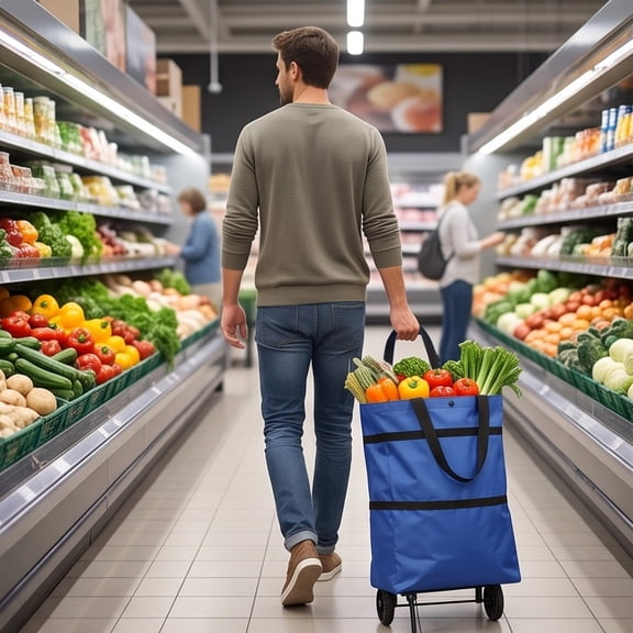 Collapsible Utility Cart Reusable Grocery Tote With Wheels Heavy Duty Market Carrier Foldable Shopping Bag Blue