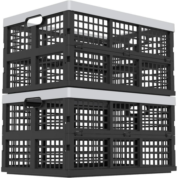 Collapsible Utility Crate Storage Bin, Folding Plastic Stackable Utility Crates, Black,  - 42L