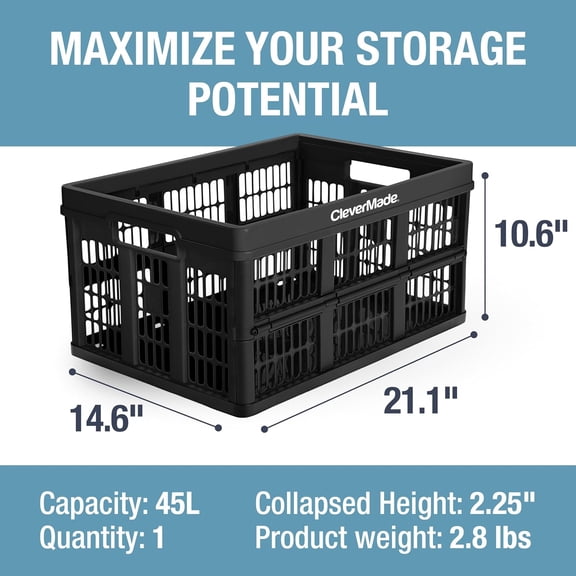 Collapsible Utility Crates-Obsidian 3pck 45L / 11 Gal holds 66 lbs - Stackable Containers Heavy Duty Capacity Crates Space-Saving Baskets