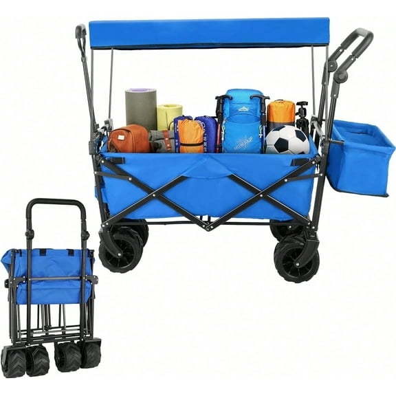Collapsible Utility Wagon Cart With Removable Canopy, Heavy Duty Beach Wagon Folding Garden Cart Grocert Shopping Cart With Storage Basket,  Wagon For Outdoor Camping Fishing Picnic, 7'' Big Wheels
