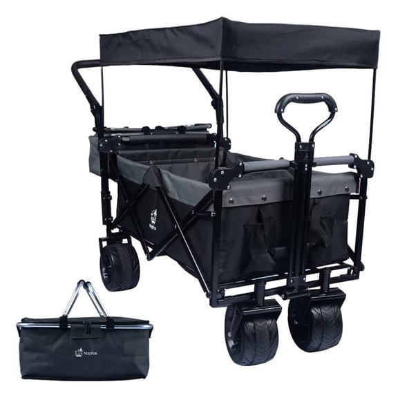 Collapsible Wagon 140L - Folding Wagon Cart with Canopy & Brake for Beach, Camping & Shopping - Heavy Duty Steel Frame, Cooler Bag, All-Terrain Wheels Black+ Gray