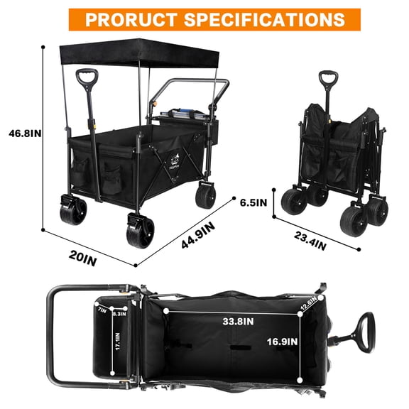 Collapsible Wagon 140L with Removable Canopy and All-Terrain Wheels, Foldable Garden Cart with Brake and Cooler Bag for Camping Beach Shopping, Steel Frame Wagon Cart 220lbs Capacity Black