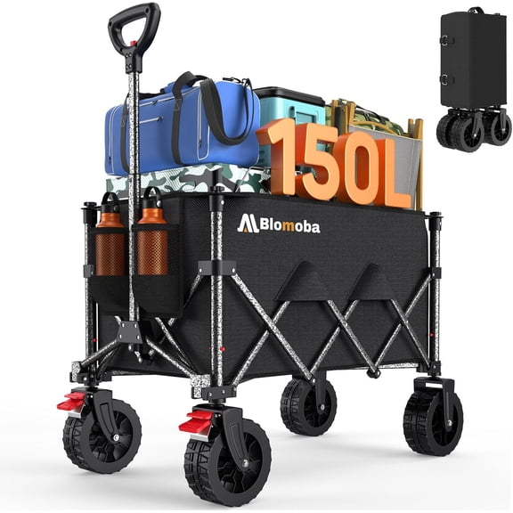 Collapsible Wagon Cart, 150L Foldable Wagon with Wide Wheels, Black | 150L Heavy Duty Utility Cart with Auto-Rebound Handle & 360 Wheels & Brakes for Camping Garden Shopping Outdoor Activities