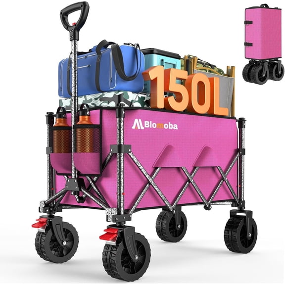 Collapsible Wagon Cart 150L Heavy Duty Foldable with Wider Wheels Auto-Rebound Handle Pink Large Without Tailgate
