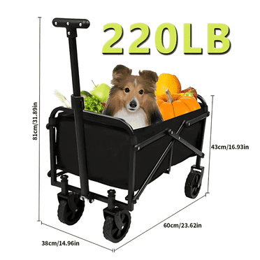 Collapsible Wagon Cart, 220LB Durable Utility Wagon with Flat-Free Wheels, Folding Outdoor Cart for Camping, Beach, Picnic, Grocery, Sports, Black