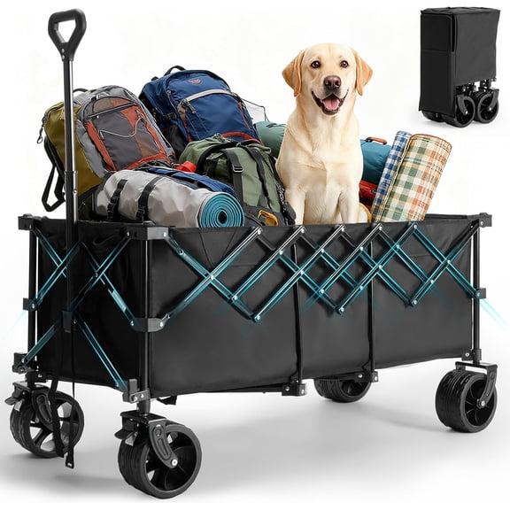 Collapsible Wagon Cart with 48" Extended Cargo Platform, Extra Large 250L Heavy Duty Folding Utility Wagon, 440lbs Capacity All-Terrain Cart with 360° Swivel Wheels & Brakes, One-Second Fold