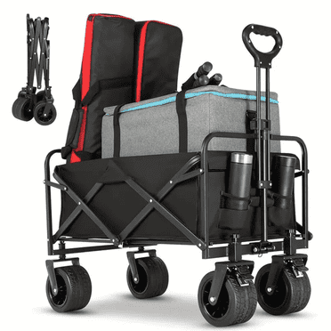 Collapsible Wagon Cart, 550LB Heavy-Duty Utility Wagon with All-Terrain Wheels, Folding Outdoor Cart for Camping, Beach, Picnic, Grocery, Sports, Black