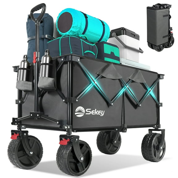 Collapsible Wagon Cart with Big All-Terrain Beach Wheels, Foldable Heavy Duty Wagons with Cup Holders, Utility Carts for Camping, Garden, Outdoor, Grocery, Sports. Grey