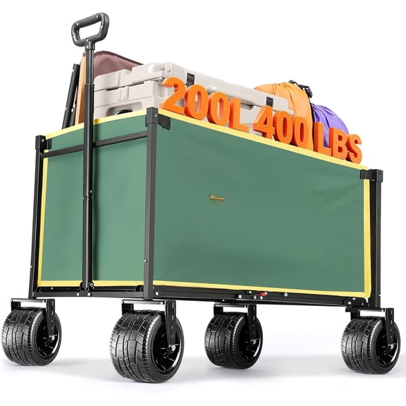 Collapsible Wagon Cart for Camping & Beach - Heavy Duty 400lbs Capacity -Terrain Cart with Wide Wheels, Portable Folding Utility Wagon for Grocery, Garden, ,Green&Yellow