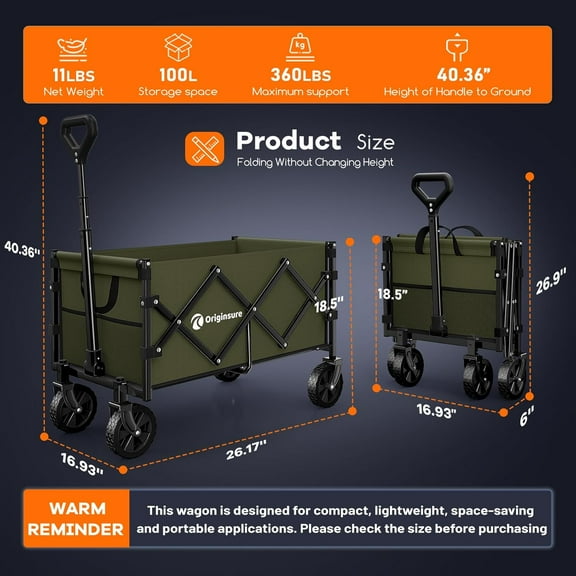 Collapsible Wagon Cart Foldable - Portable Heavy Duty Folding Beach Wagons with Wheels - Outdoor Utility Carts for Groceries, Shopping, Camping, Sports, Garden with Large Capacity - Green