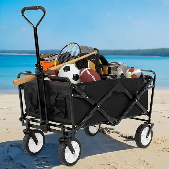 Collapsible Wagon Cart Folding Wagon Garden Cart Portable Beach Wagon with Wheels & Adjustable Handle for Garden Sport Shopping Beach Trip, Black