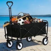 Collapsible Wagon Cart Folding Wagon Garden Cart Portable Beach Wagon with Wheels & Adjustable Handle for Garden Sport Shopping Beach Trip, Black