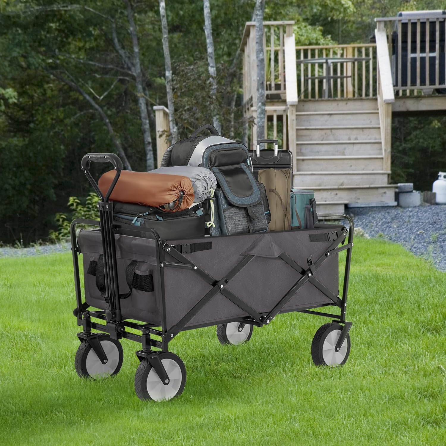 Gray Collapsible Heavy Duty Outdoor Utility Wagon with Pneumatic Wheels