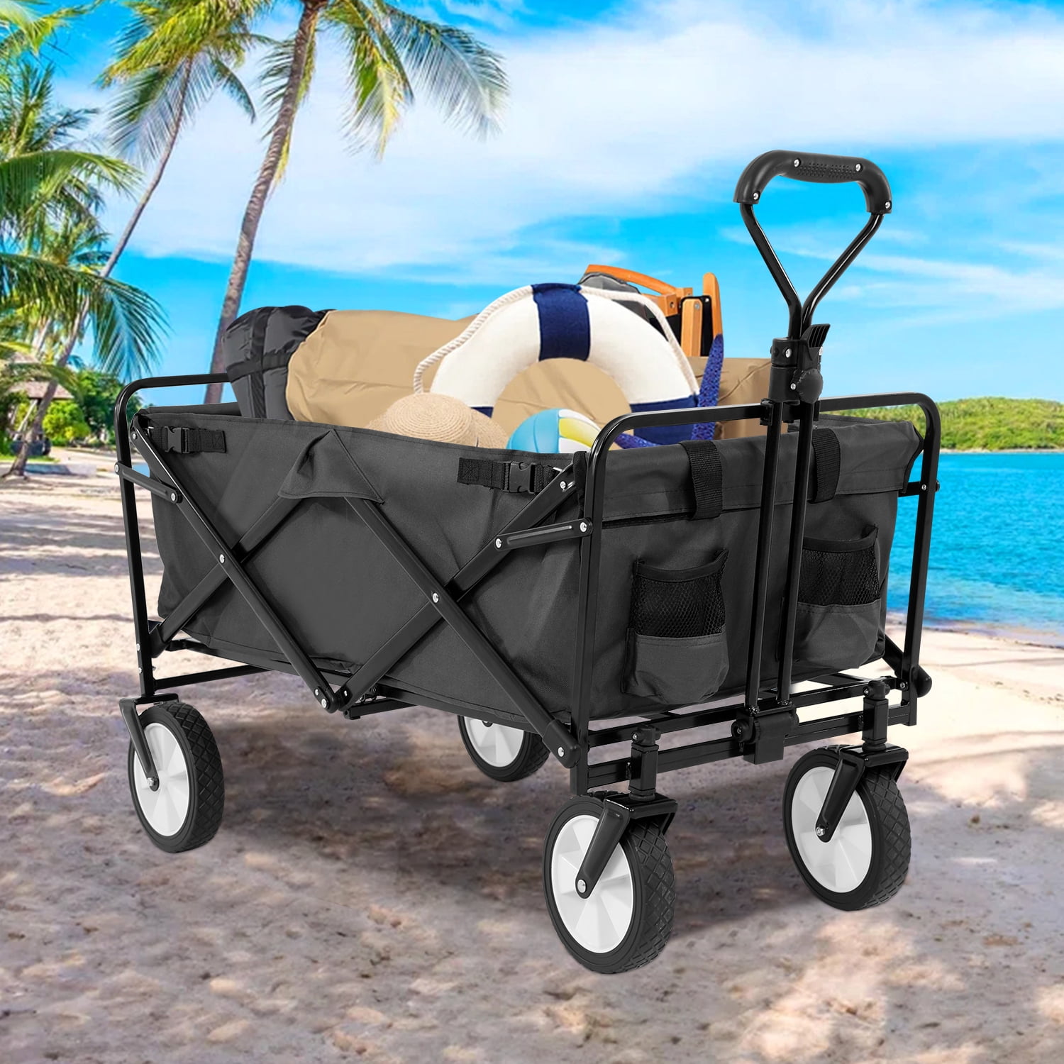Collapsible Wagon Cart Folding Wagon Heavy Duty Utility Beach Wagon Portable Foldable Garden Cart with All-Terrain Wheels& Adjustable Handle , Grey