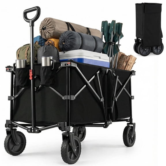 Collapsible Wagon Cart,Heavy-Duty180L Portable Utility Cart with400 LBS Capacity,All-Terrain Wheels,2Cup Holders and Adjustable Handle for Camping Trips,Shopping Sprees,Beach Vacations,Black