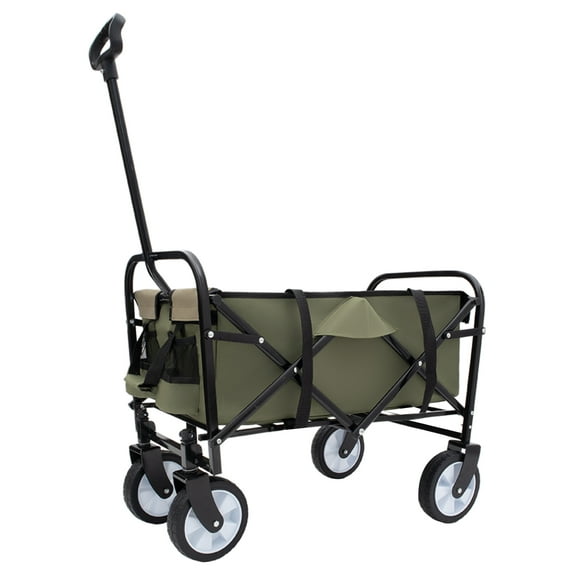 Collapsible Wagon Cart - Minimeetall Heavy Duty Beach Utility Wagon, Foldable Camping Wagon with Strapping System, 225lbs Capacity, Army Green