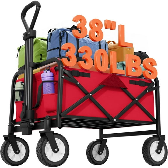 Collapsible Wagon Folding Wagon Garden Cart with Large Capacity, Portable Utility Wagon Cart Heavy Duty for Beach Camping Shopping Garden, Red