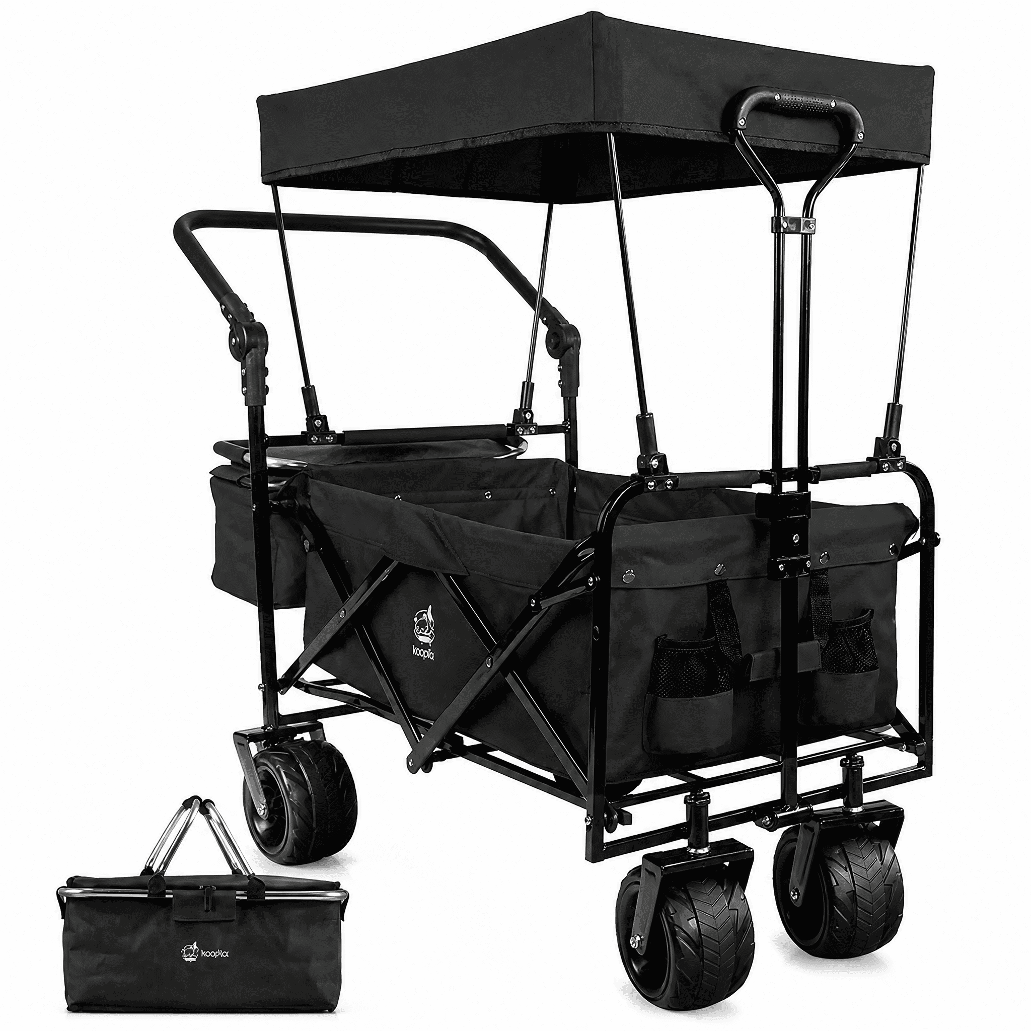 Collapsible Wagon Heavy Duty Folding Wagon Cart with Removable Canopy, 4" Wide Large All Terrain Wheels, Brake, Adjustable Handles, Cooler Bag Utility Carts for Outdoor Garden
