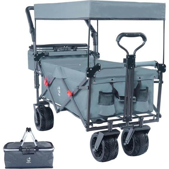 Collapsible Wagon Heavy Duty Folding Wagon Cart with Removable Canopy, 4" Wide Large All Terrain Wheels, Brake, Adjustable Handles,Cooler Bag Utility Carts for Outdoor Garden Wagons Carts Beach Cart