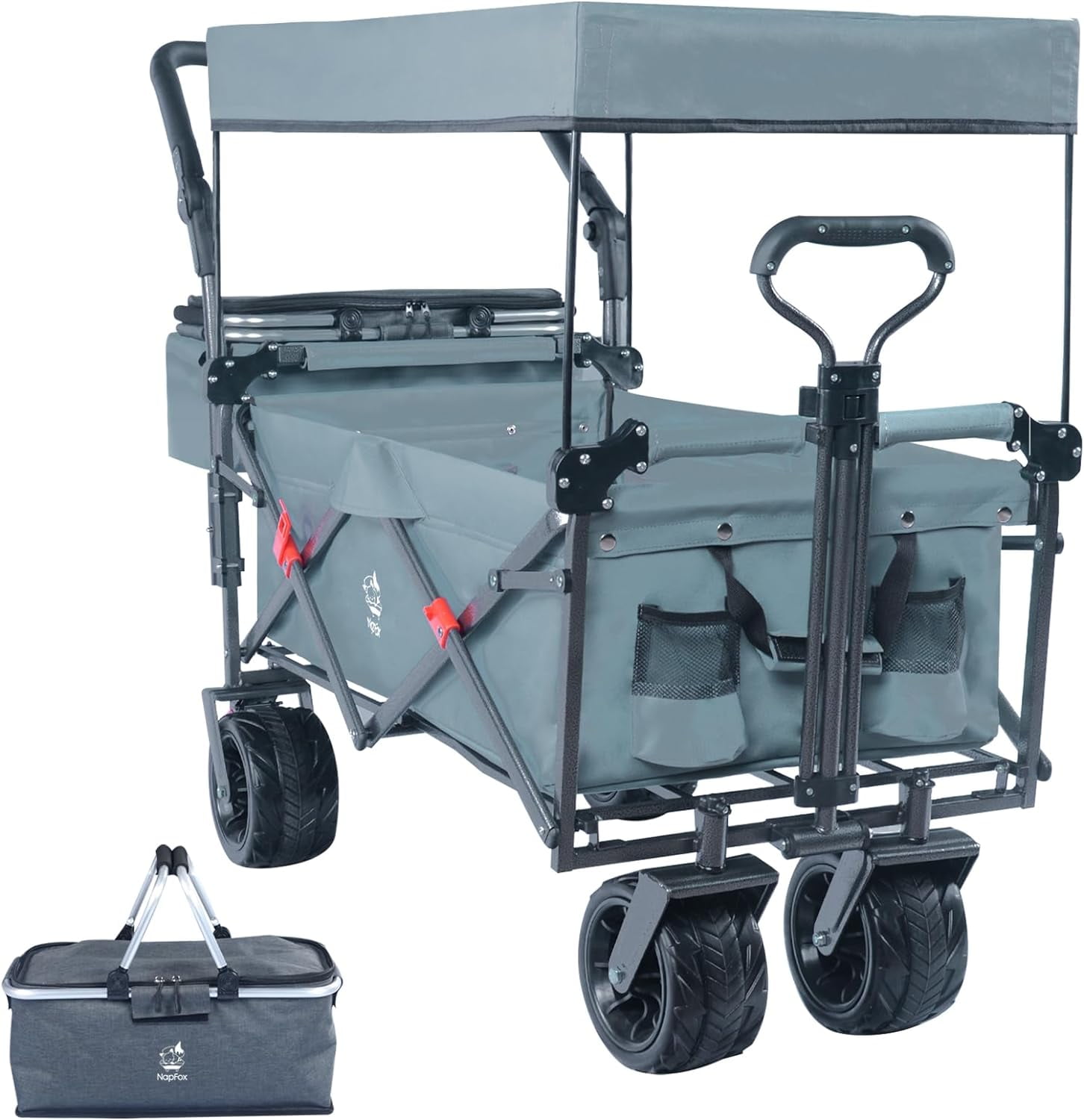 Collapsible Wagon Heavy Duty Folding Wagon Cart with Removable Canopy, 4" Wide Large All Terrain Wheels, Brake, Adjustable Handles, Cooler Bag Utility Carts for Outdoor Garden