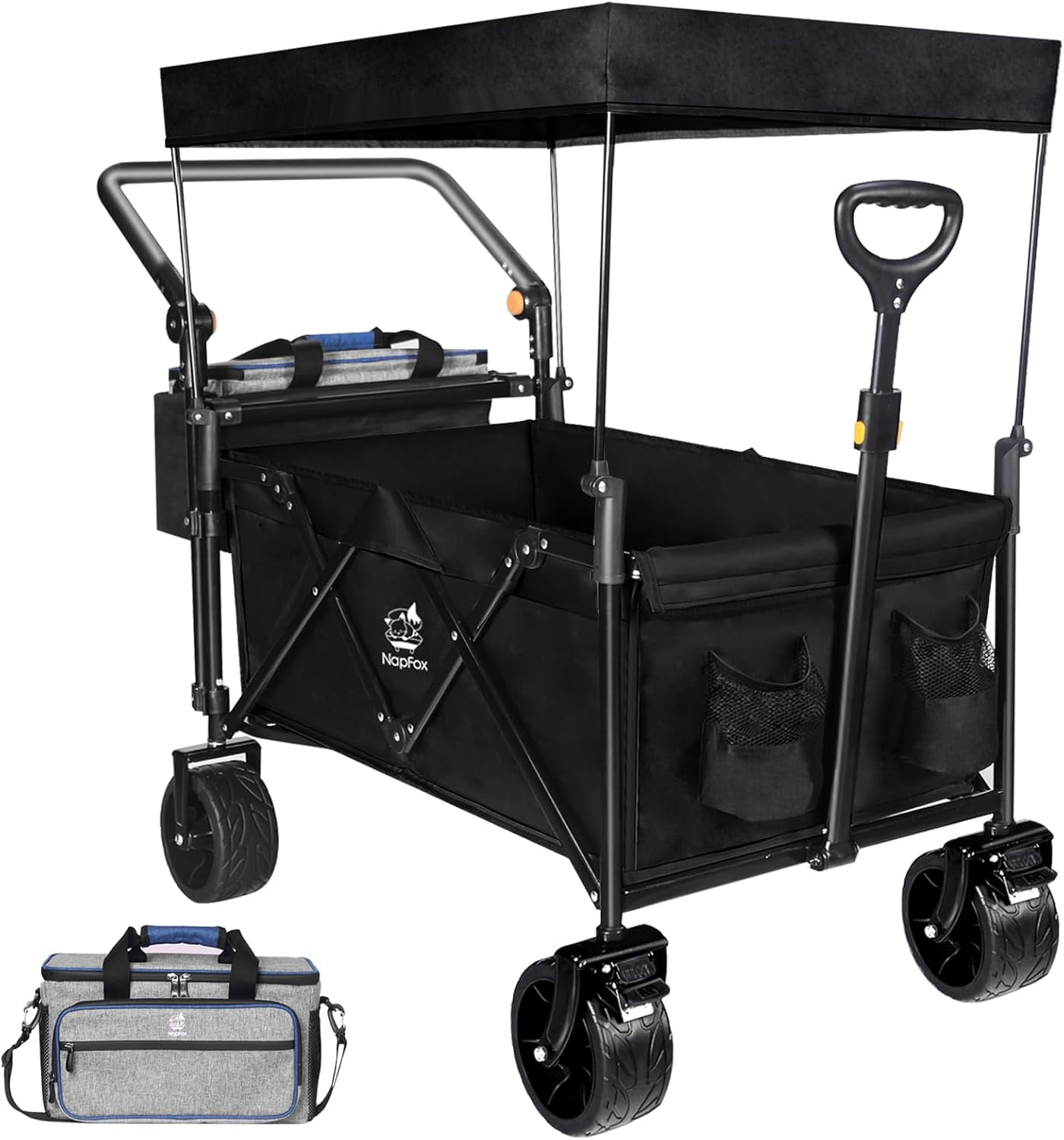Collapsible Wagon Heavy Duty Folding Wagon Cart with Removable Canopy, 4" Wide Large All Terrain Wheels, Brake, Adjustable Handles, Cooler Bag Utility Carts for Outdoor Garden
