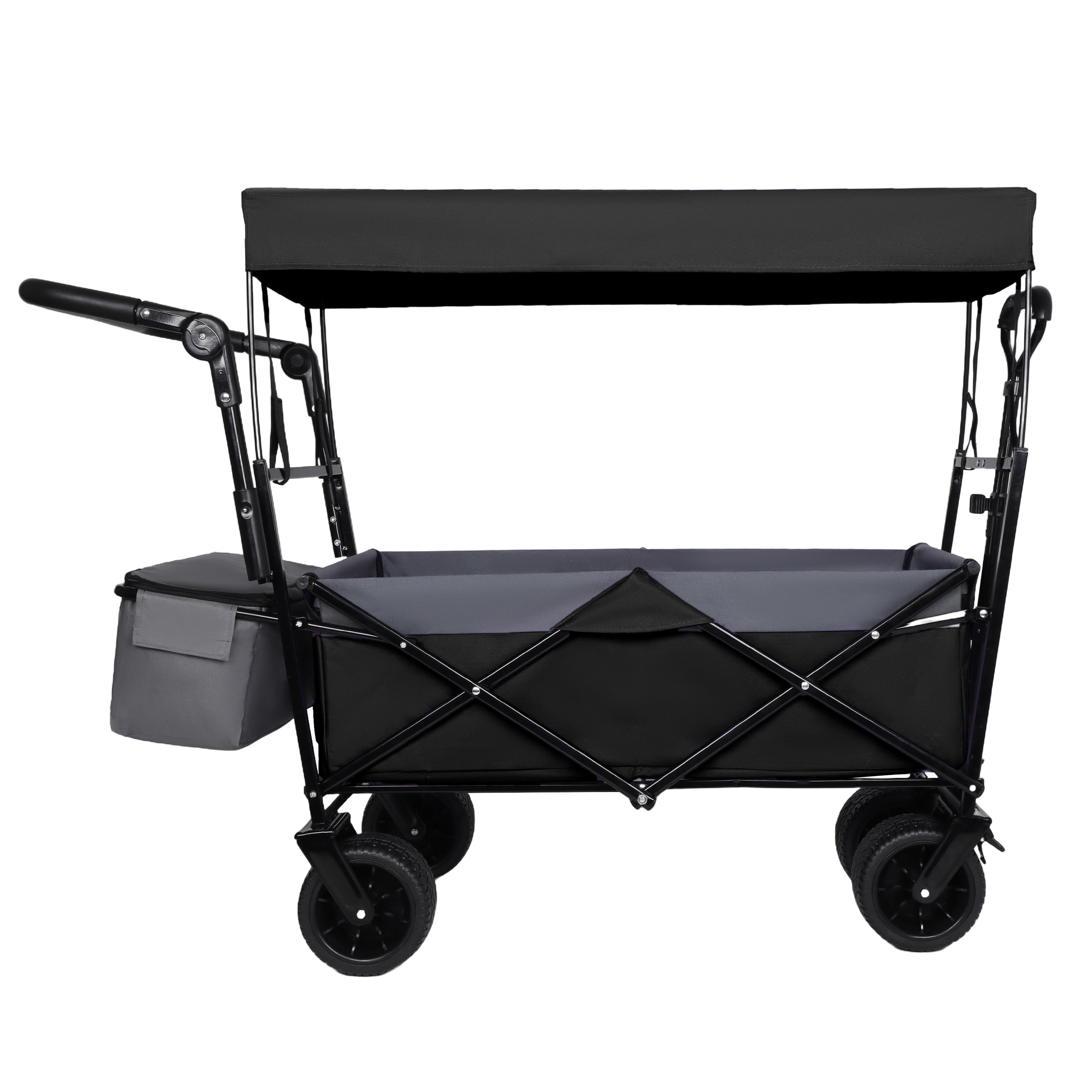 Collapsible Wagon with Push Handle & Canopy, Black, 480LBS Heavy-Duty Folding Cart, 7"×4" All-Terrain Wheels, Large Capacity for Camping, Shopping, Garden