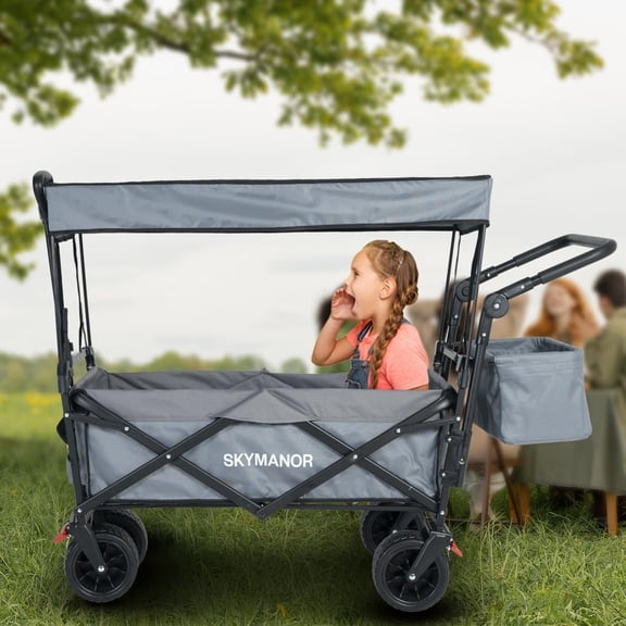 Collapsible Wagon with Removable Canopy, 3-in-1 Heavy Duty Garden Cart with Big All-Terrain Wheels, Brakes, Adjustable Push Pull Handle, Cooler Bag, 300LBS Wagon Cart for Camping
