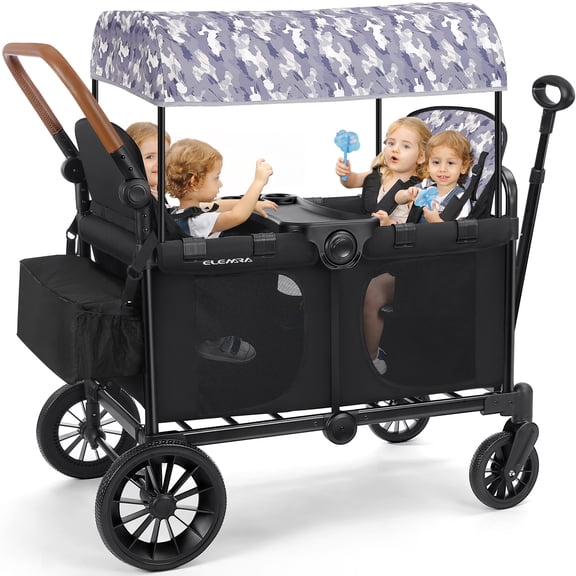 Collapsible Wagon Stroller 4 Seater with 5-Point Harnesses, Canopy, Storage Bag, Adjustable Handlebar, 2 Cup Holders, Black