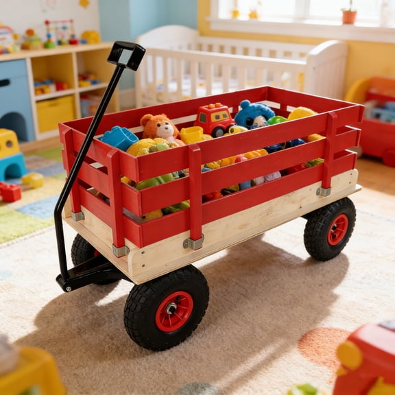 Wooden Pull Wagon with Removable Side Rails – Heavy Duty All-Terrain Garden Cart, Portable Outdoor Toy Wagon for Beach, Camping, Backyard Play