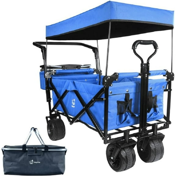 Collapsible Wagon Wagon Cart with Removable Canopy, Heavy Duty Foldable Beach Wagon with  All Terrain Wheels and Brake, Adjustable Push Pull Handle, 220LBS Cooler Bag Utility Carts for Outdoor, Blue