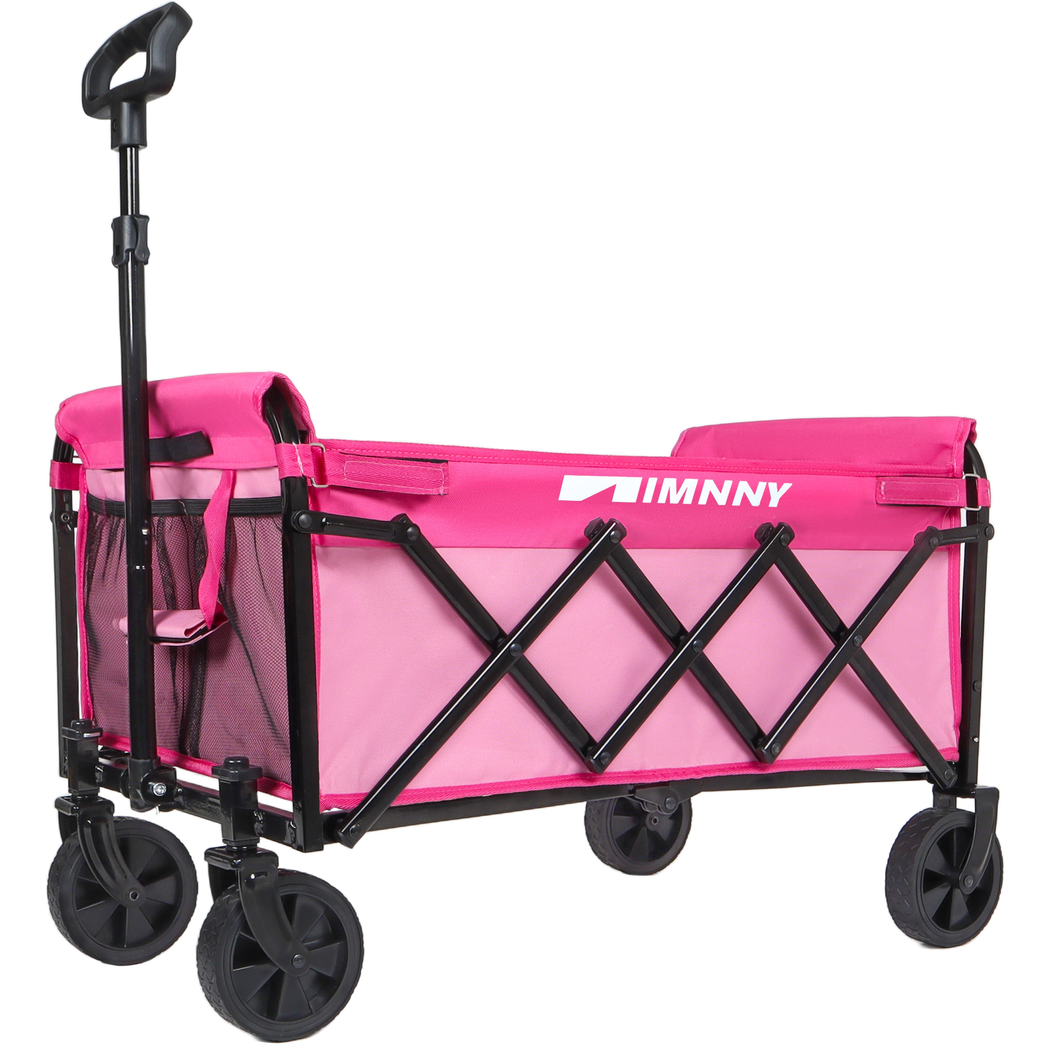 Collapsible Wagon with Wheels, Lightweight Utility Camping Wagons Carts Foldable with 360lbs Weight Capacity, Carts with Cup Holders for Garden, Sports, Grocery, Shopping (Pink)