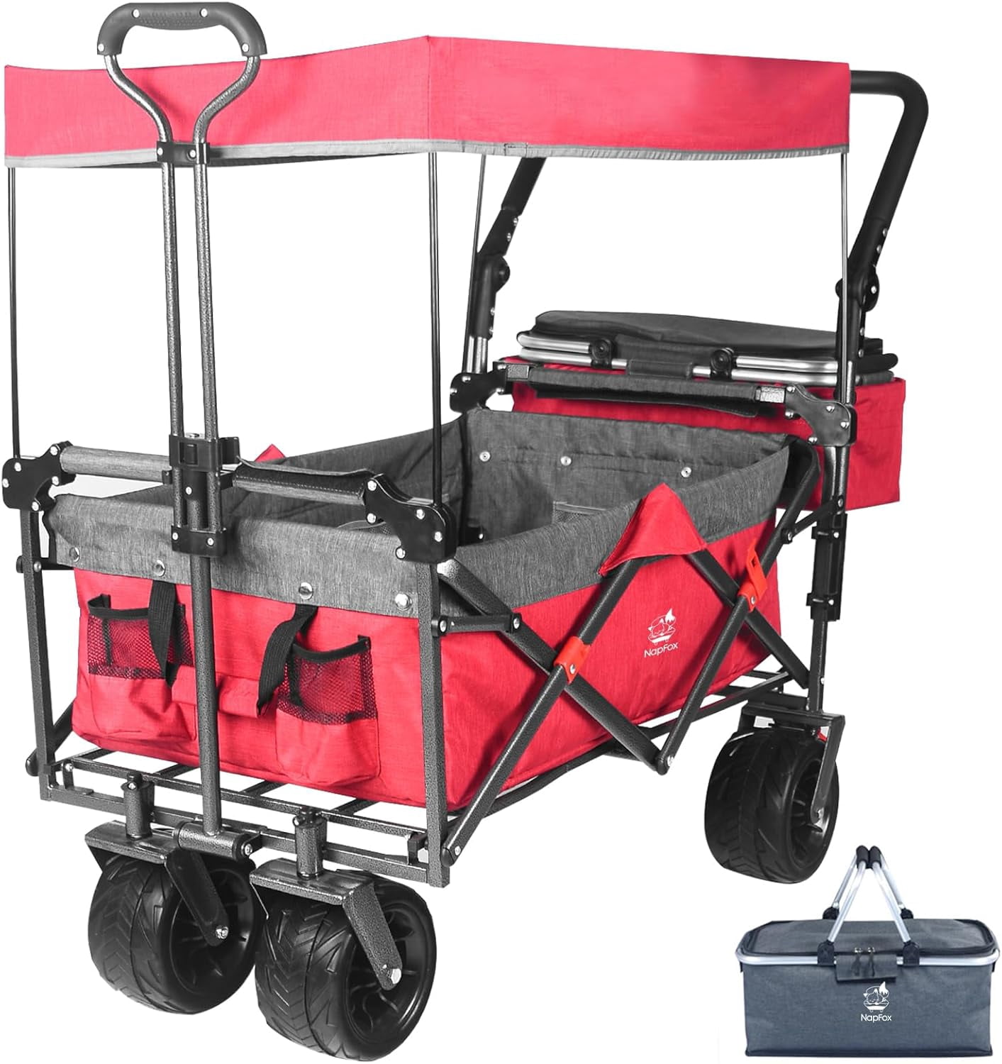 Collapsible Wagon cart with Removable Canopy, Large All Terrain Wheels, Brake, Adjustable Handles, Cooler Bag, Grey Red