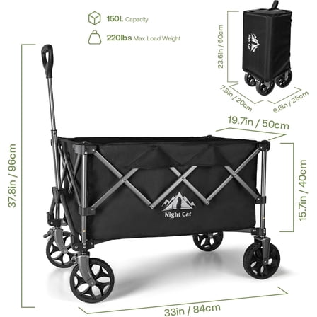 Collapsible Wagon for Camping: 150L Garden Cart with Wheels Heavy Duty - Folding Utility Wagon for Outdoor