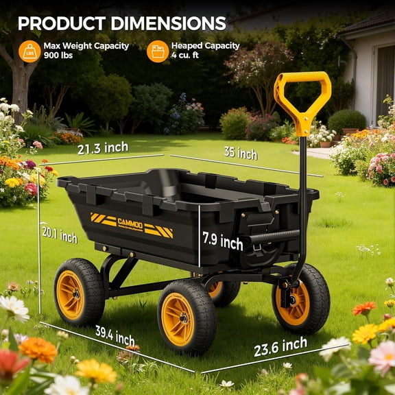 Collapsible Wagon with 10in No-Flat Tires, 900lb Heavy-Duty Garden Dump Cart, Expandable Utility Wagon for Yard and Farm