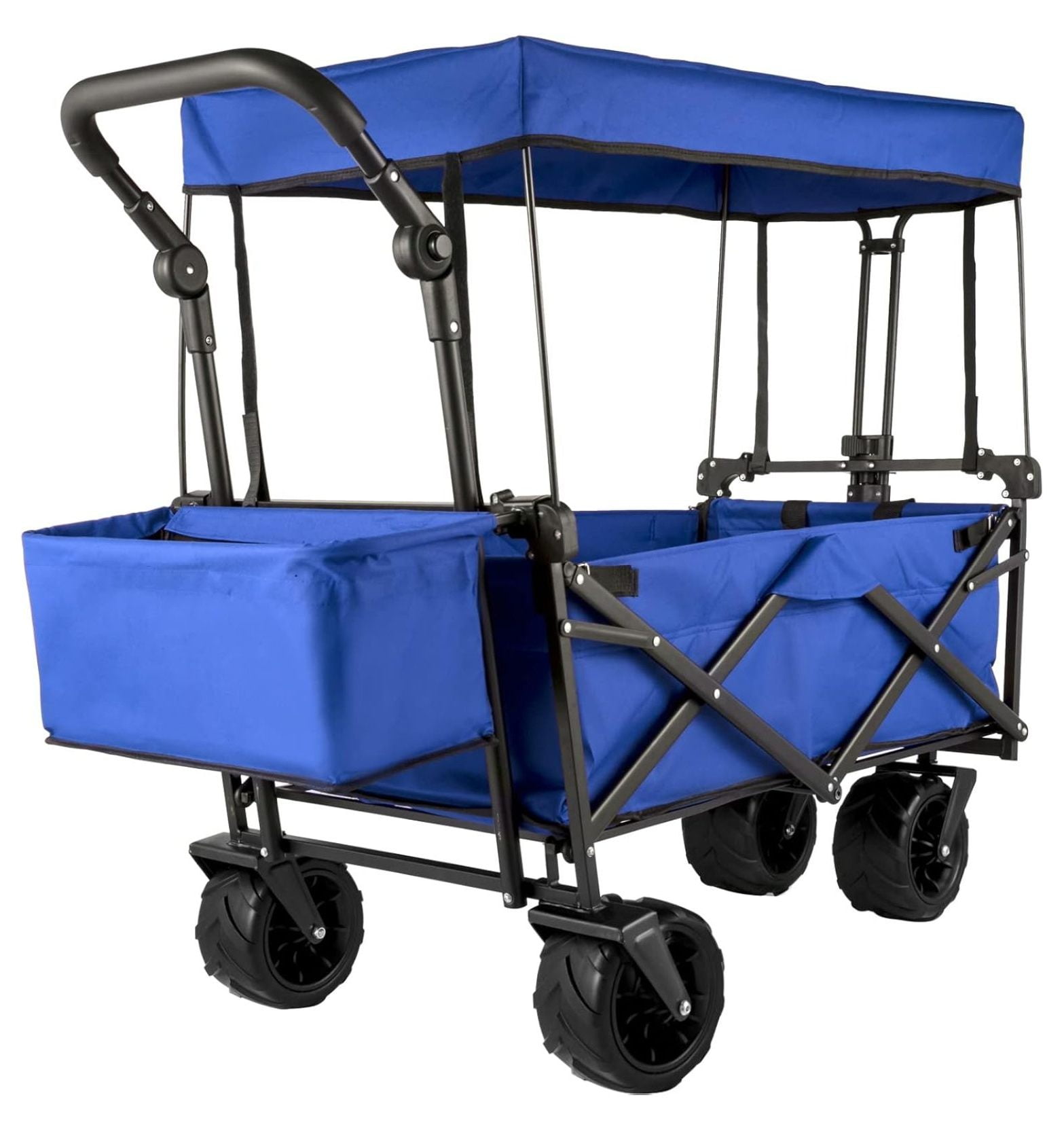 Collapsible Wagon with Canopy, 220lbs Foldable Wagon, Beach Wagon Cart with Big Wheels and Canopy with Adjustable Push Pulling Handles