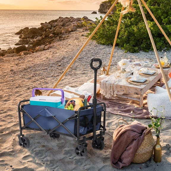 Collapsible Wagons Carts with 2 Drink Holders, Portable Grocery Cart on Wheels, Beach Cart with Adjustable Rod, Weight Capacity 220 Lbs, for Sports, Camping, Beach, Blue