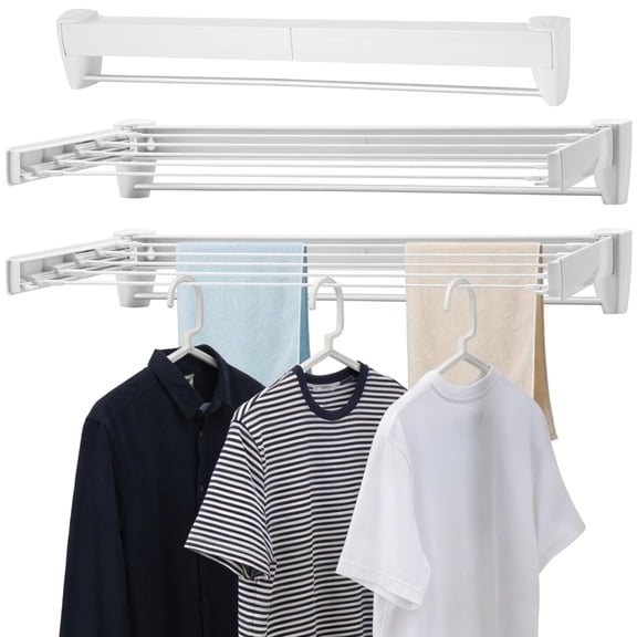 Collapsible Wall Laundry Drying Rack, Wall Mounted Plastic Clothes Dry Rack with 5 Sliding Rods 1 Fixed Towel Bar, Space-Saving Foldable Laundry Hanger for Indoor Balcony Small Spaces