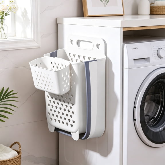 Collapsible Wall Mount Laundry Hamper with Small Storage Basket, Hanging Clothes Organizer with Free Hooks for Bathroom Laundry Room
