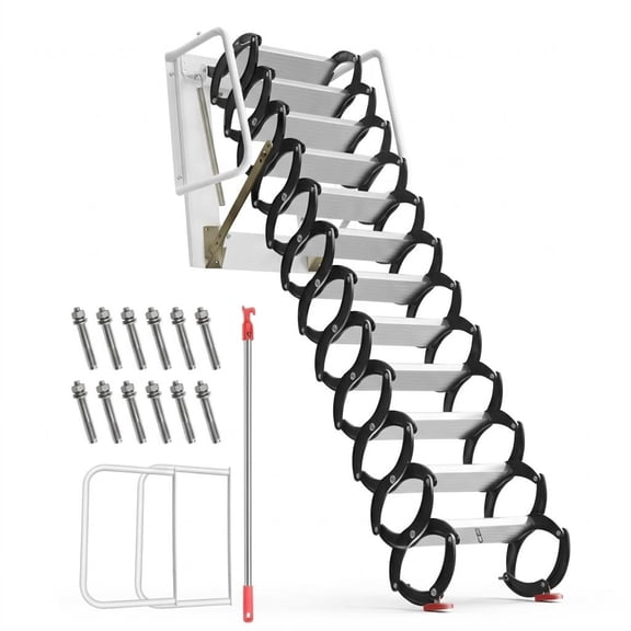 Collapsible Wall Mounted Attic Stairs, 133.8"23.6"27.5" Telescoping Loft Ladder, 12 Step Retractable Foldable Stair with Handrail & Anti-Slip Pad, for Indoor Attic Loft Household