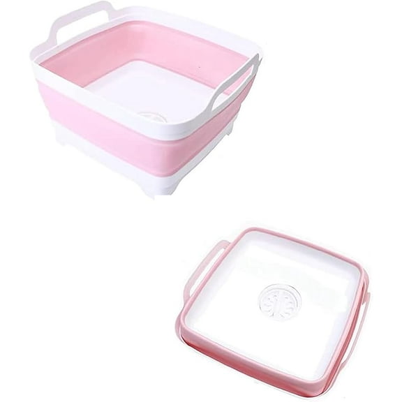 Collapsible Wash Basin 9L, Foldable Dish Tub with Drain Plug, Portable Collapsible Dish Basin, Camping Sink for Washing Dishes, Laundry & Kitchen Use (Pink)