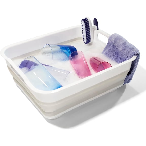 Collapsible Wash Basin, Foldable Sink Basin for Washing Dishes, Bowls, Cutlery & Produce, Space-Saving Pop-Up Design with Easy-Grip Handles, Portable Kitchen & Camping Basin, White