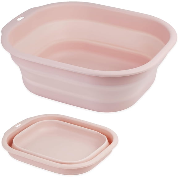 Collapsible Wash Basin Set of 2, Foldable Small Medium Size Wash Basin, Portable Plastic Basins for Laundry, Bottles, Travel, Camping (Pink)