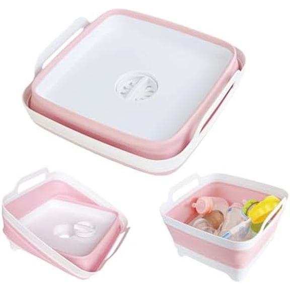 Collapsible Wash Basin for Baby Bottles - 2.4 Gallons Portable Wash Bin for RV Camping Sink, Space-Saving Dish Tub (Pink)