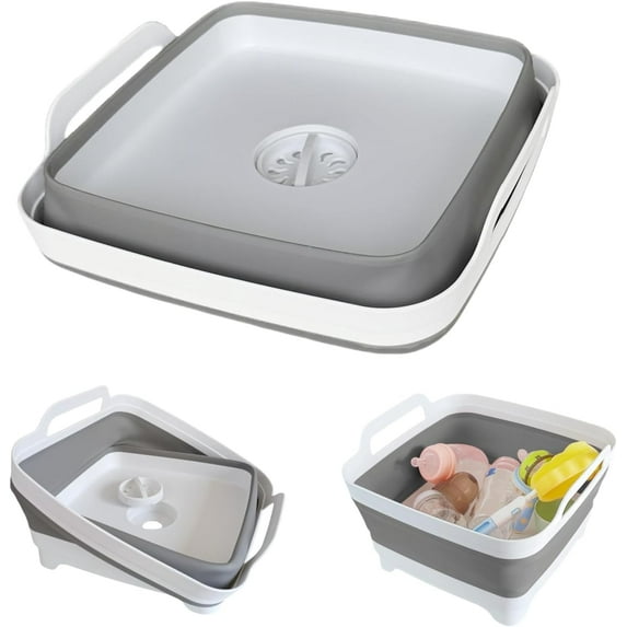 Collapsible Wash Basin with Drain Plug - 2.4 Gallon Foldable Kitchen Sink for Baby Bottles, RV Camping, Space-Saving Dish Tub (Gray)