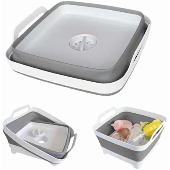 Collapsible Wash Basin with Drain Plug - 2.4 Gallon Foldable Kitchen Sink for Baby Bottles, RV Camping, Space-Saving Dish Tub (Gray)