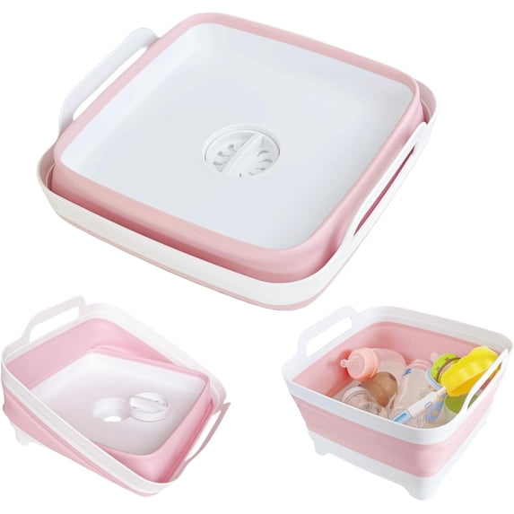 Collapsible Wash Basin with Drain Plug - 2.4 Gallon Foldable Kitchen Sink for RV Camping, Space-Saving Dish Tub (Pink)