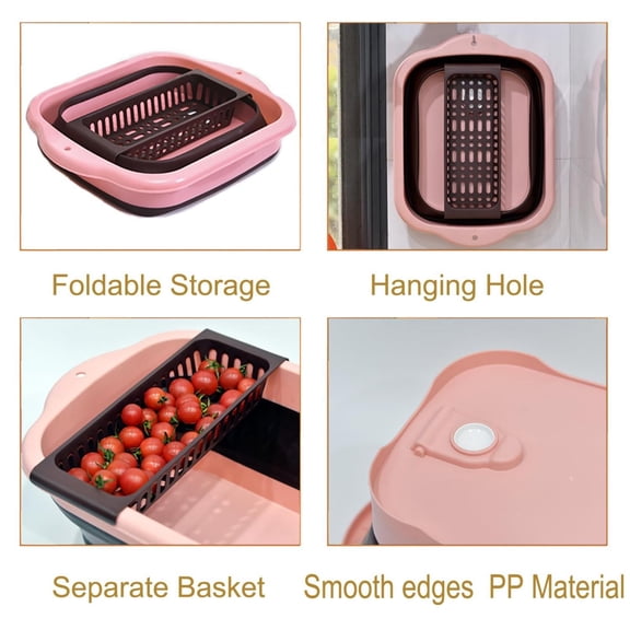 Collapsible Washing Tub With Drain Plug & Dish Drainer Basket Foldable Kitchen Dish Basin Portable Sink Tub For Rv Camping Vegetable Fruit(Pink-16.5In)
