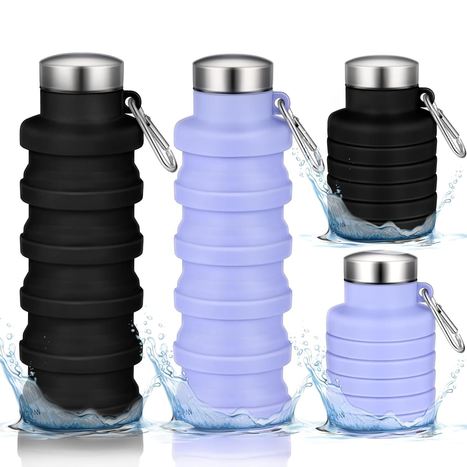 Collapsible Water Bottle,4 Pcs BPA Free Reuseable Silicone Foldable Leakproof 16oz Water Bottles,Portable Lightweight Water Bottles with Carabiner for Travel Gym Camping,Hiking Outdoor Indoor Sports